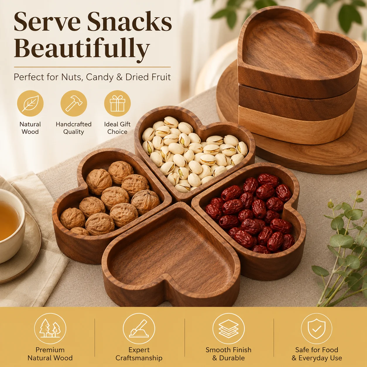Home Cooking Dishes - QA Heart Shaped Wooden Snack Tray