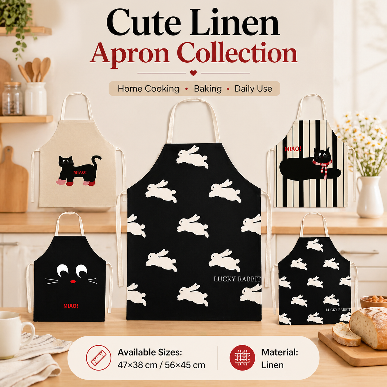 Home Cooking Meals - Cute Black Cat White Rabbit Linen